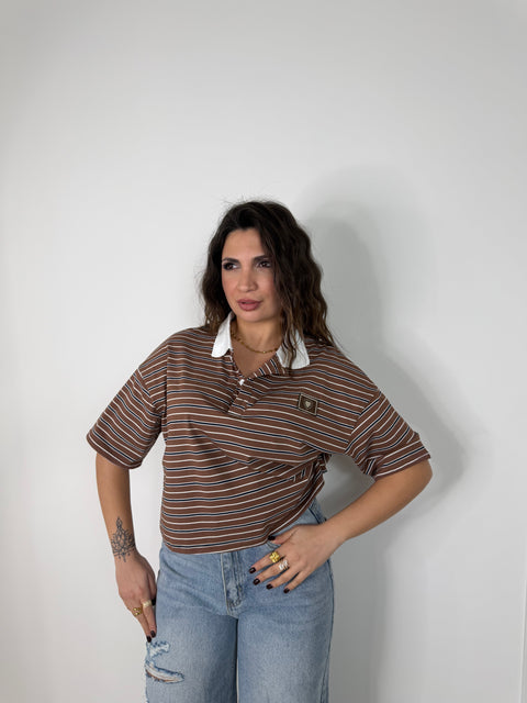 MAGLIA POLO CROP CON RIGHE MARRONE