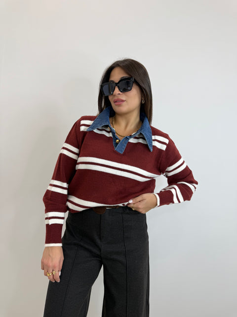 PULLOVER BORDEAUX CON COLLO IN DENIM