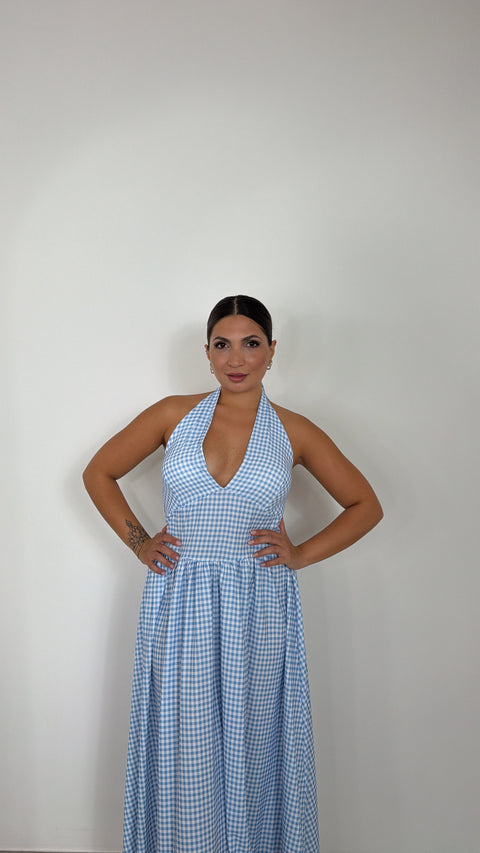 DRESS QUADRETTI CELESTE