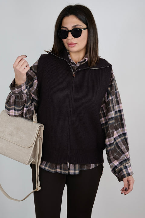 GILET CON ZIP MARRONE