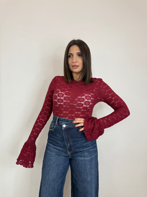 MAGLIA IN PIZZO CON MANIA AMPIA BORDEAUX
