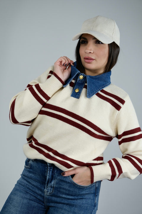 PULLOVER PANNA CON COLLETTO DENIM