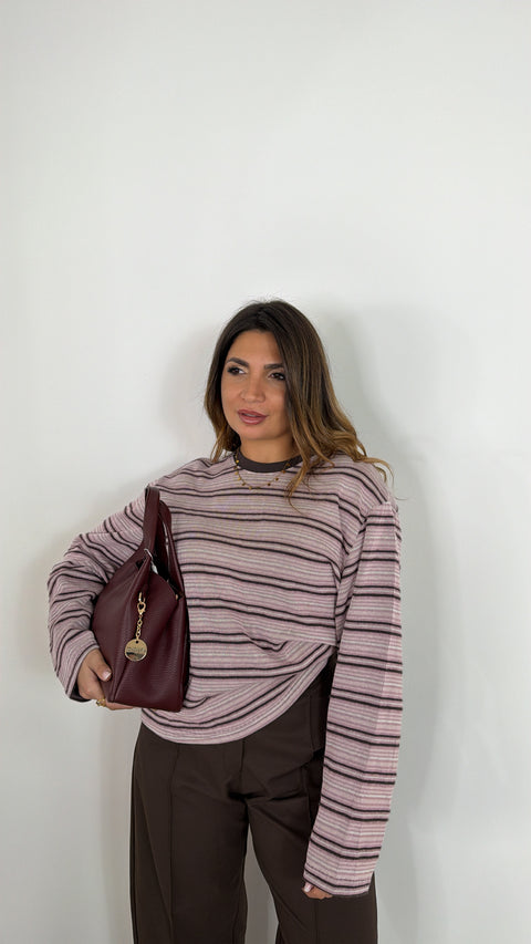 MAGLIA RIGHE LAVIA ROSA/MARRONE
