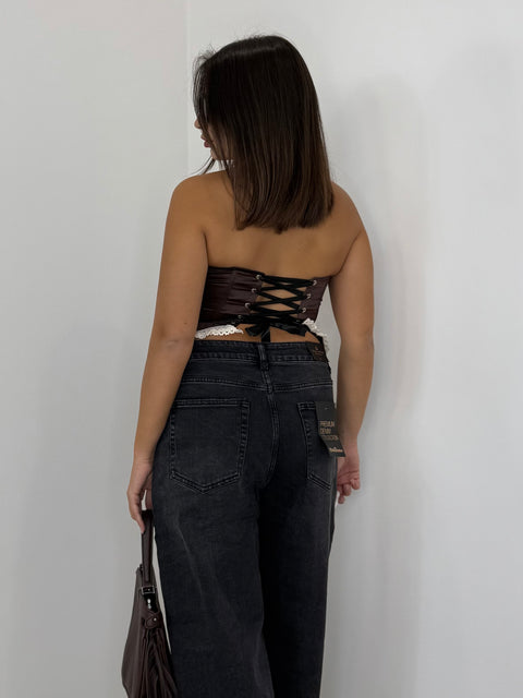 CORPETTO IN SATIN E PIZZO MARRONE