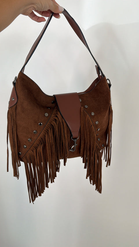 BAG CON FRANGE IN ECO CAMOSCIO CUOIO