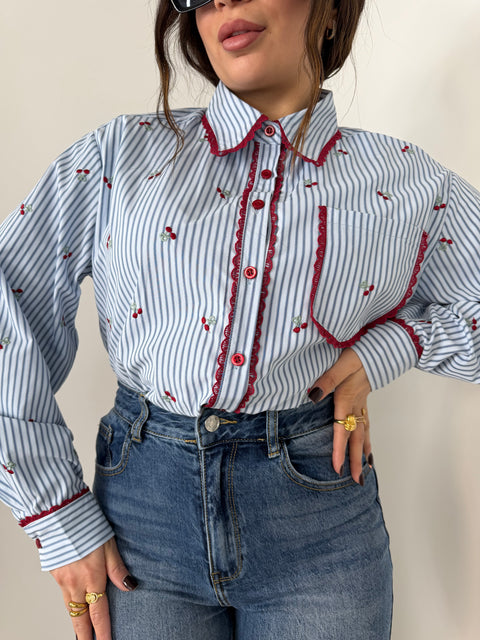 CAMICIA CHERRY RIGHE CELESTE/ROSA
