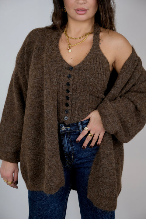 SET TOP + CARDIGAN MARRONE