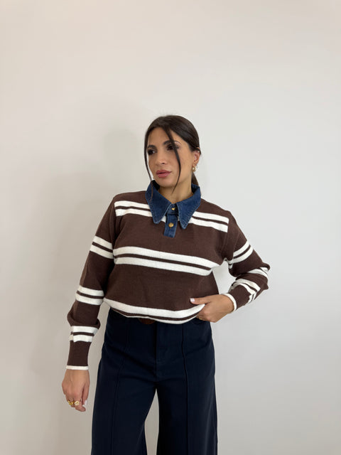 PULLOVER MARRONE CON COLLETTO IN DENIM