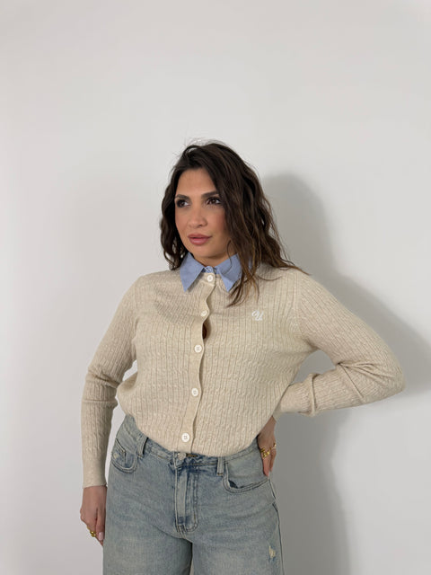 CARDIGAN CON COLLETTO A RIGHE BEIGE