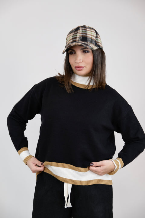 PULLOVER MEZZO COLLO CON RIGHE NERO
