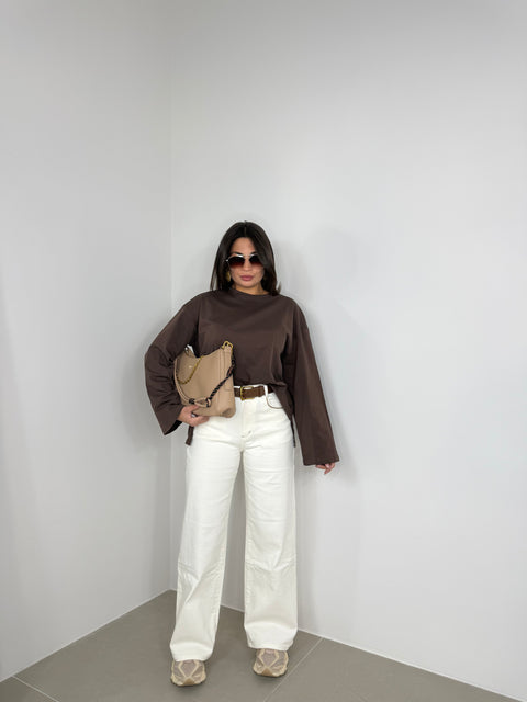 JEANS WIDE LEG TASCA CUCITA MARRONE