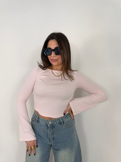 MAGLIA CROP COSTINA CON MANICA AMPIA ROSA