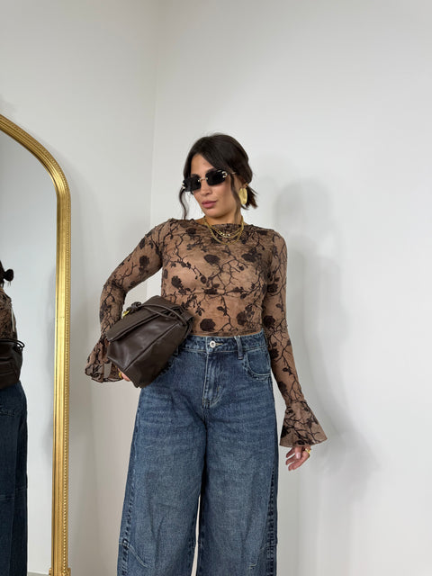 MAGLIA FLOWERS MARRONE