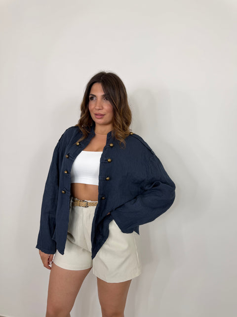 GIACCA IN LINO BLU CON ALAMARI