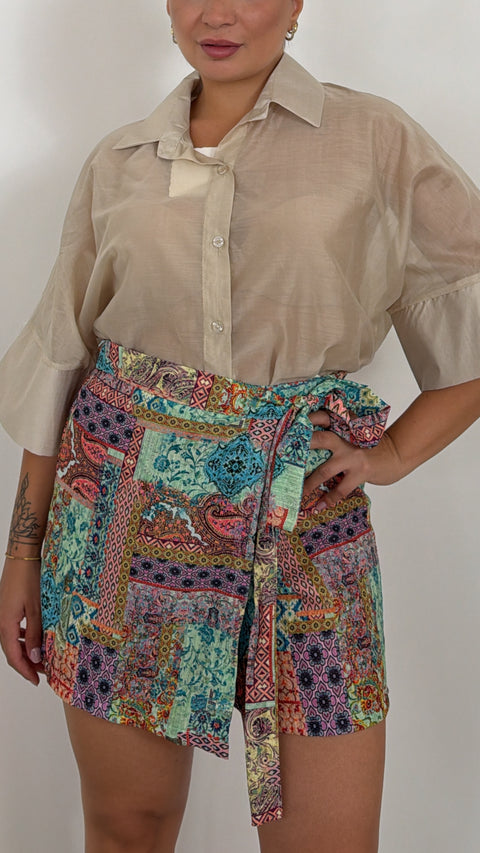 PANTAGONNA IN SIMIL LINO CON STAMPE COLORATE