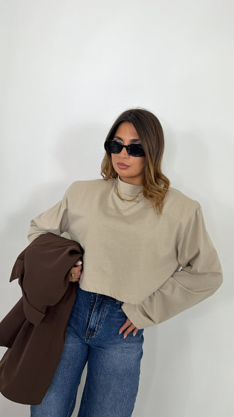 MAGLIA CON SPALLINE CROP BEIGE