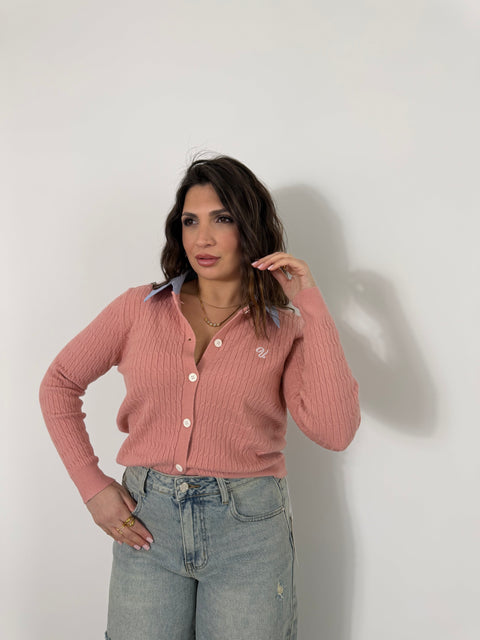 CARDIGAN CON COLLETTO A RIGHE ROSA