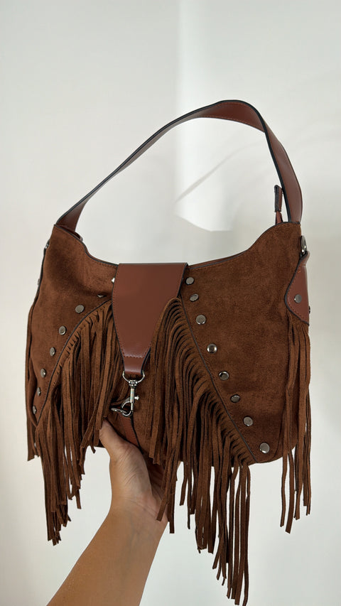 BAG CON FRANGE IN ECO CAMOSCIO CUOIO