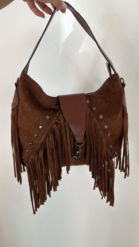 BAG CON FRANGE IN ECO CAMOSCIO CUOIO