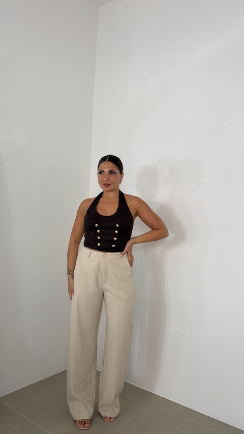 TOP HALTER CON MACRAME MARRONE