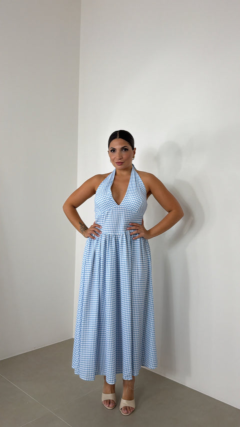 DRESS QUADRETTI CELESTE