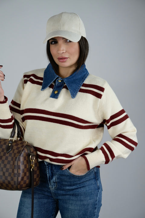 PULLOVER PANNA CON COLLETTO DENIM