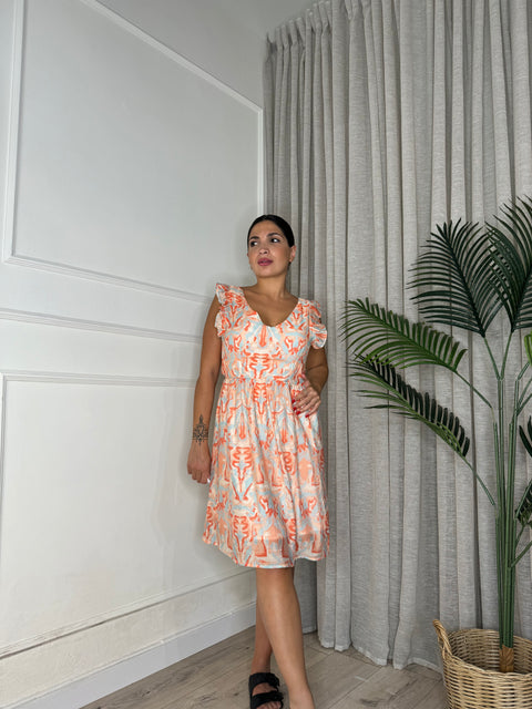 DRESS CON ROUCHE ARANCIO/CELESTE