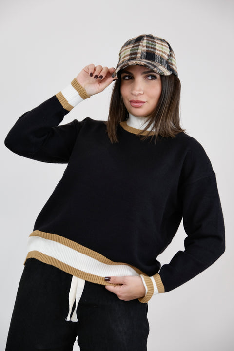 PULLOVER MEZZO COLLO CON RIGHE NERO