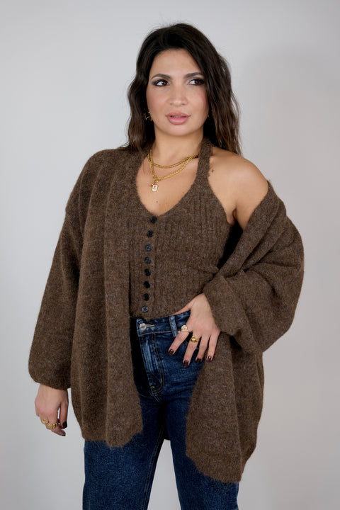 SET TOP + CARDIGAN MARRONE