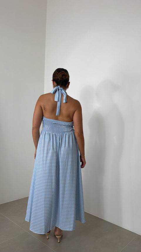 DRESS QUADRETTI CELESTE
