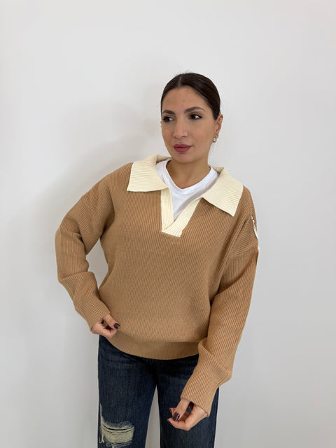 PULLOVER POLO TINTA UNITA CAMEL