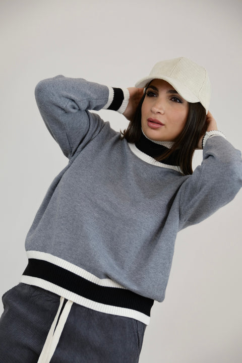 PULLOVER MEZZO COLLO CON RIGHE GRIGIO