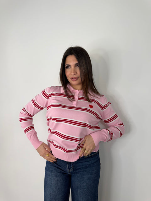 MAGLIA HEART RIGHE ROSA