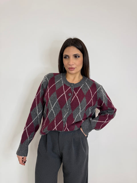 CARDIGAN ROMBI GRIGIO/BORDEAUX