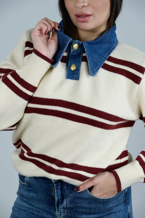 PULLOVER PANNA CON COLLETTO DENIM