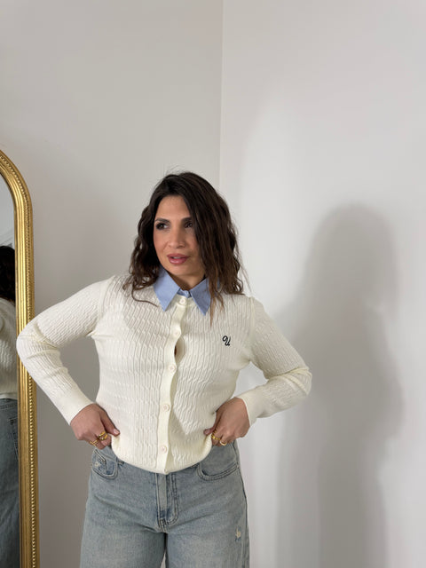 CARDIGAN CON COLLETTO A RIGHE PANNA