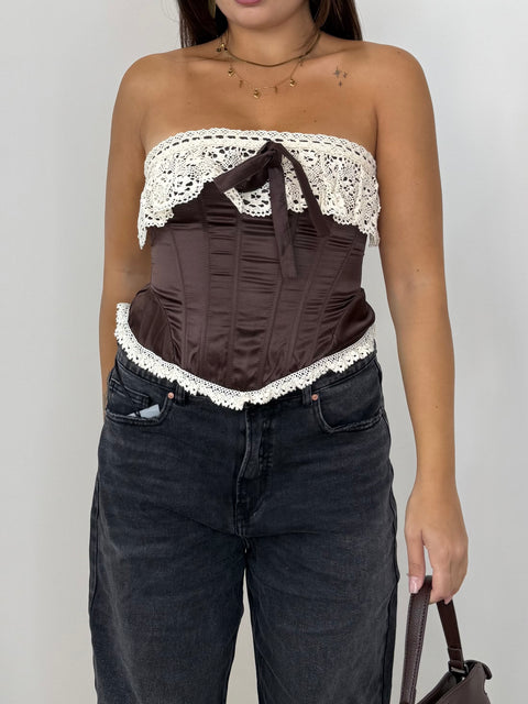 CORPETTO IN SATIN E PIZZO MARRONE