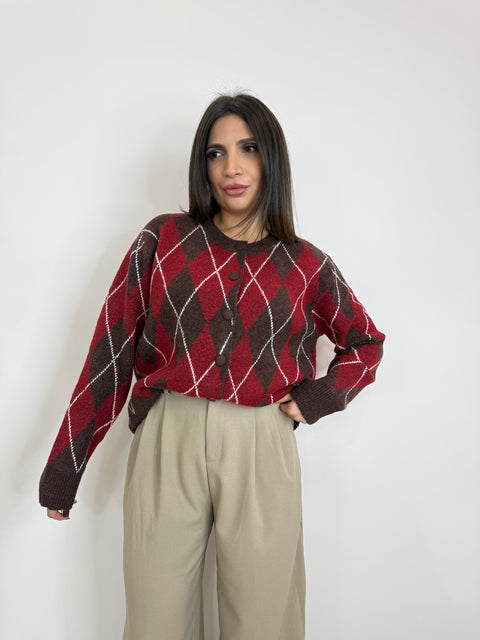 CARDIGAN ROMBI MARRONE/ROSSO