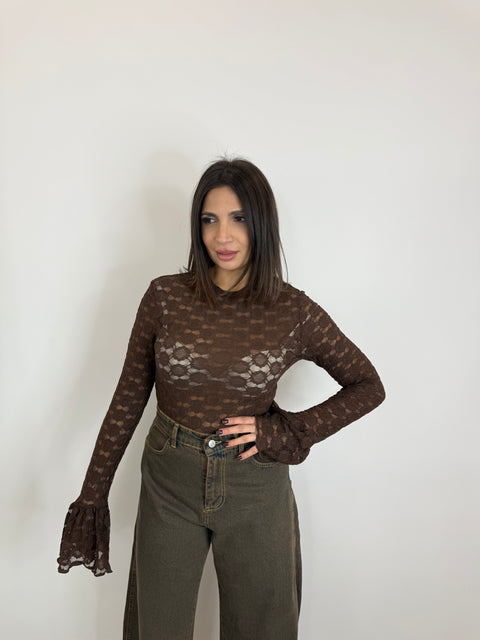 MAGLIA IN PIZZO CON MANICA AMPIA MARRONE