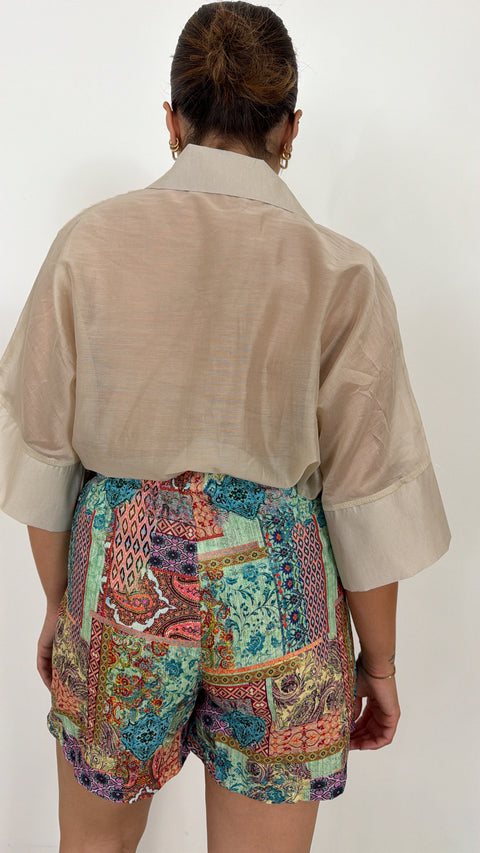 PANTAGONNA IN SIMIL LINO CON STAMPE COLORATE