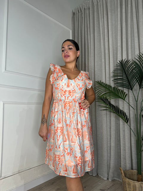 DRESS CON ROUCHE ARANCIO/CELESTE