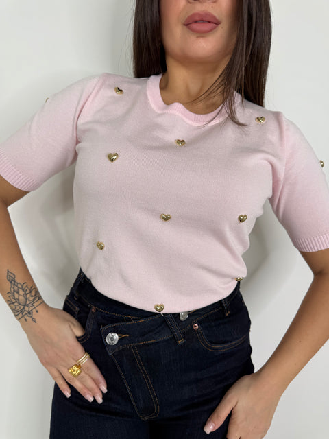 MAGLIA IN FILO ROSA CON CUORI