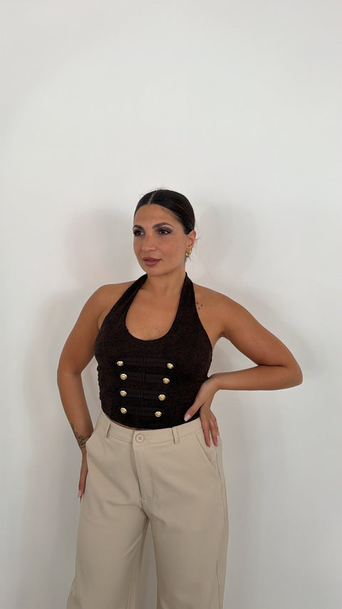 TOP HALTER CON MACRAME MARRONE