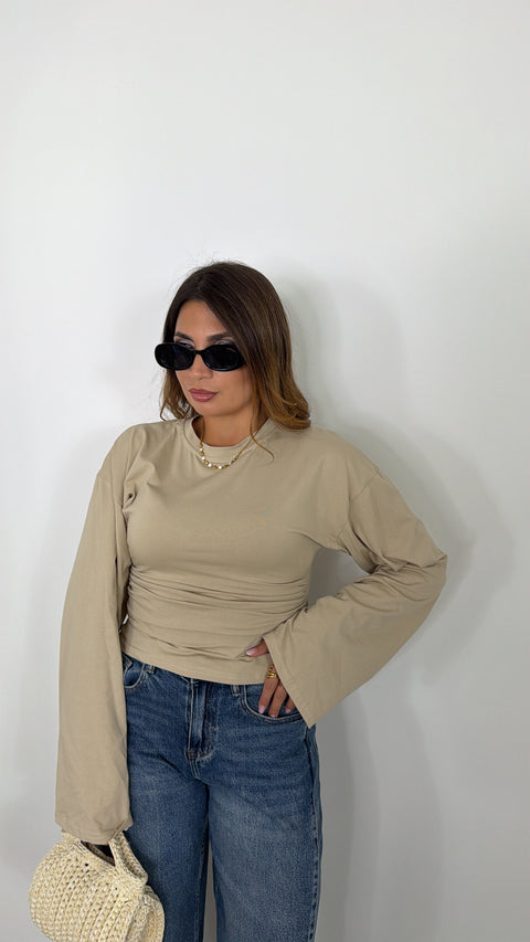 MAGLIA AVVITATA CON MANICA AMPIA BEIGE